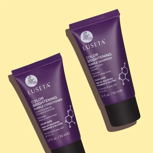 Miniatura 9 de Luseta - Kit de viaje de champú y acondicionador morado iluminador de color para cabello rubio y gris, infundido con aceite de coco nucifera