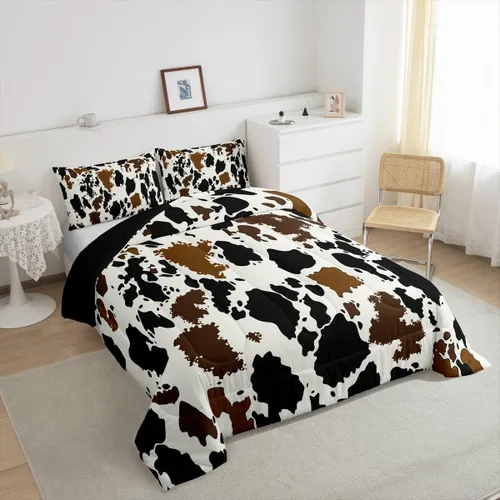 Miniatura 5 de Juego de edredón de piel de vaca, edredón de plumón con estampado de vaca, juegos de ropa de cama de teñido anudado negro y marrón para niños