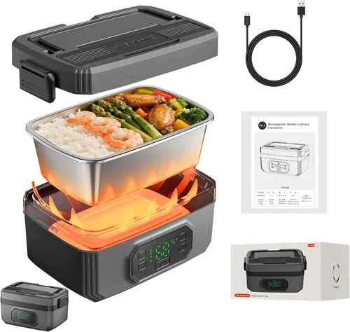 Miniatura 8 de Fiambrera eléctrica inalámbrica para adultos con temporizador, lonchera recargable autocalentable para hombres y mujeres con contenedor SS de 1.2 L