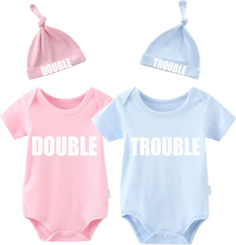 Miniatura 25 de YSCULBUTOL Conjunto de mameluco para bebé gemelos, divertido doble problema, lindo mameluco para niña, mono gemelo, conjunto de sombrero