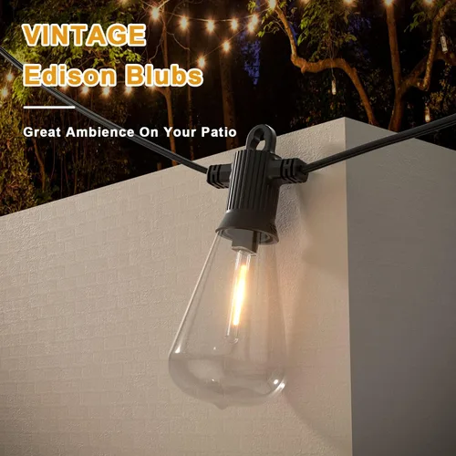 Miniatura 8 de Kawaya Guirnalda de luces para patio al aire libre: luz LED de 25 pies para patio exterior con 12 bombillas vintage inastillables - 2700 K regulable
