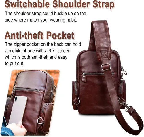 Miniatura 6 de Bolso bandolera de cuero genuino para hombre, bolso cruzado grande, bolso de hombro casual, mochila antirrobo, bolsa de viaje en el pecho