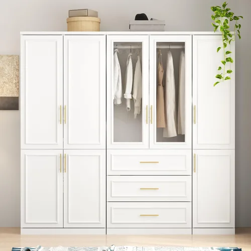 Miniatura 9 de WOODTIME Armario con barra para colgar, 3 cajones enmarcados y 2 puertas de cristal, armario de madera moderno, organizador de armario