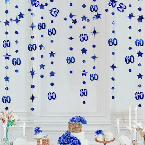 Miniatura 10 de Decoración de cumpleaños número 60 negro, círculo de punto estrella, guirnalda colgante, banderines, telón de fondo para hombres, vítores a los 60