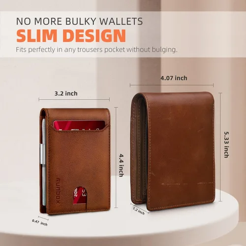 Miniatura 110 de RUNBOX - Carteras delgadas para hombre, cartera de piel con pinza para el dinero, cartera de bolsillo frontal con bloqueo RFID, tarjetero