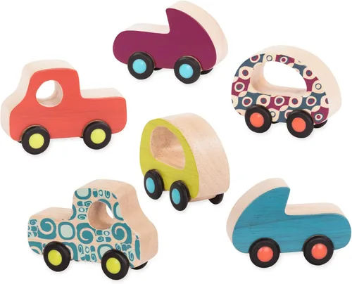 B. toys Juego de autos de juguete de madera con 6 vehículos coloridos para niños y niños pequeños - Camiones duraderos - Fácil - Juguetes para niños