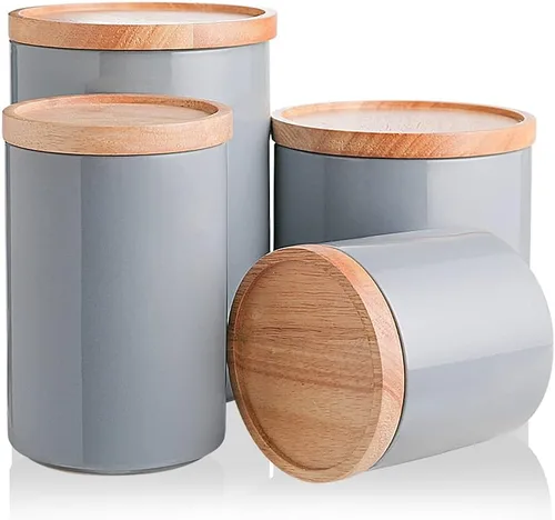 Miniatura 75 de Sweejar Kitchen Canisters - Tarro de cerámica para almacenamiento de alimentos, recipientes apilables con sello hermético y tapa de madera