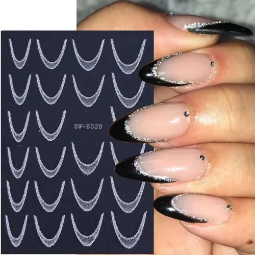 Miniatura 4 de Calcomanías de uñas de línea francesa, calcomanías de uñas de punta francesa con purpurina colorida 3D, autoadhesivas en 3D, puntas de uñas de línea