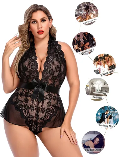 Miniatura 4 de Avidlove Lencería de talla grande para mujer, cuello en V profundo, lencería de encaje, camisón de encaje