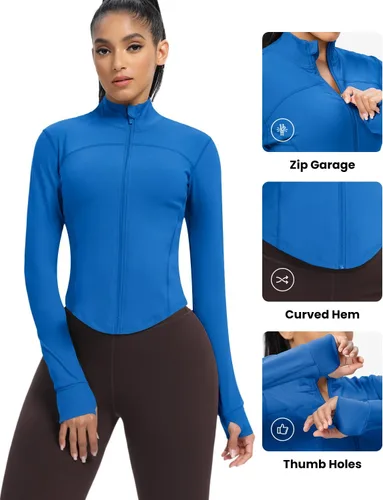 Miniatura 68 de AVGO Chaquetas de entrenamiento recortadas para mujer, con cremallera, ajustadas, atléticas, con agujeros para el pulgar