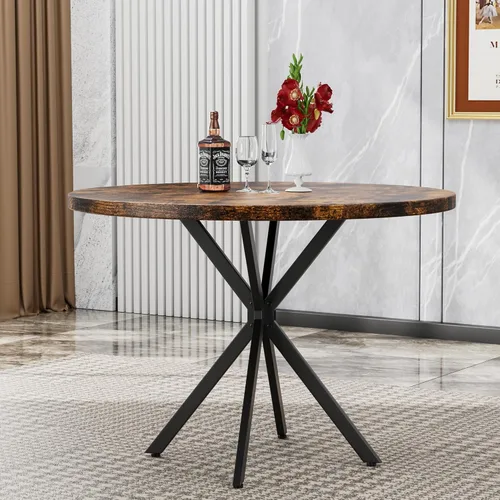 Miniatura 7 de Mesa de comedor redonda: mesa marrón moderna de 39 pulgadas con base en X negra para 4-5 personas, perfecta para espacios pequeños y apartamentos