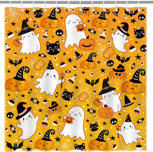 Miniatura 7 de Mocsicka Cortina de ducha de fantasma, fantasma, fantasma, caricatura, gato, calabaza, cortina de ducha de tela impermeable para Halloween