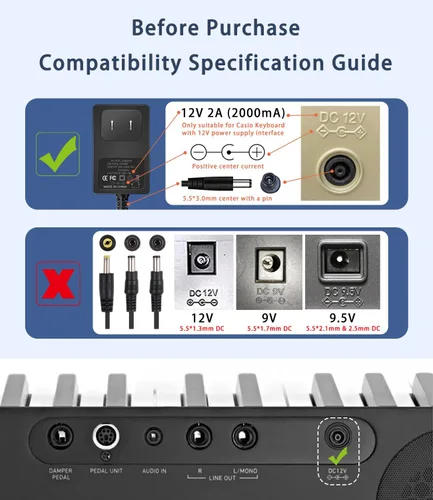 Miniatura 2 de Adaptador de corriente alterna Casio Privia de 12V 2A para cable de alimentación Casio Privia, compatible con teclado de piano digital Casio