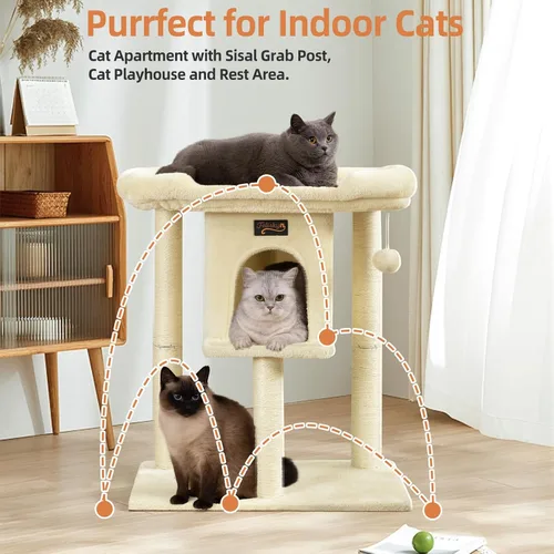 Miniatura 6 de Poste rascador de torre para gatos grandes de interior, árbol pequeño para gatos con cama grande, casa de árboles de 28 pulgadas de alto con cueva