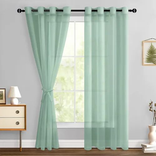 Miniatura 61 de Hiasan - Cortinas traslúcidas de gasa cortas semitransparentes con ojales y alzapaños filtrantes de luz para ventana, dormitorio, baño, 2 paneles