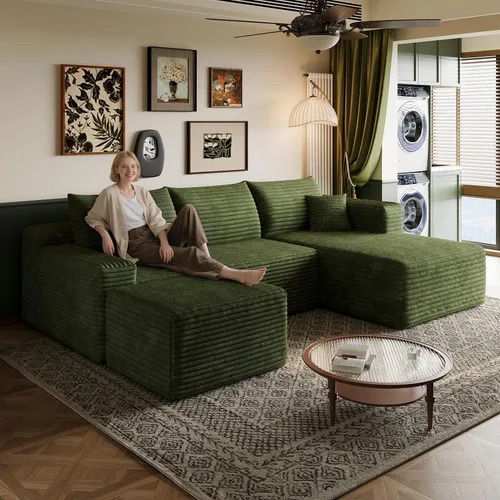 Miniatura 13 de Sofá modular en forma de L de 96 pulgadas con diván, moderno y cómodo sofá de pana para sala de estar, sofá de espuma viscoelástica, no requiere