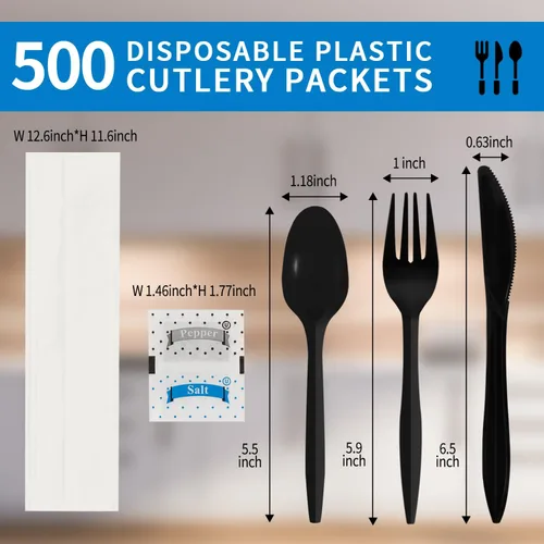 Miniatura 2 de 500 paquetes de juego de cuchillo, tenedor, cuchara, servilleta, sal y pimienta, cubiertos de plástico negro envueltos individualmente para entrega