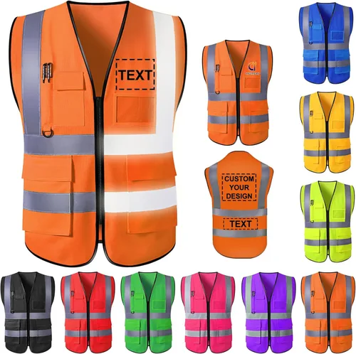 Miniatura 8 de Chaleco de seguridad personalizado para hombre, ropa de trabajo de protección de alta visibilidad, 5 bolsillos, clase 2 con tira reflectante Verde