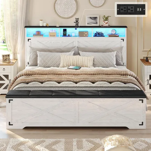 Miniatura 11 de Hasuit - Marco de cama tamaño Queen con otomana de almacenamiento, marco de cama estilo granja con estación de carga y luz LED, cabecera con estante
