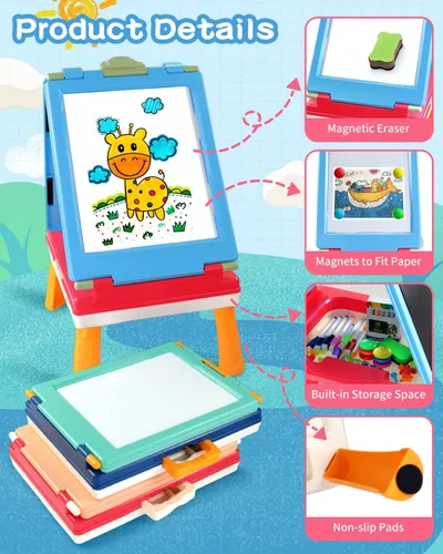 Miniatura 3 de Elovien Caballete para niños, caballete de arte de doble cara 4 en 1 con pizarra y pizarra blanca magnética, caballete de mesa plegable para niños