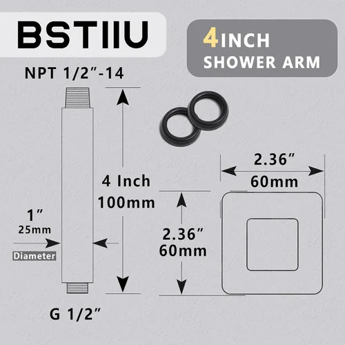 Miniatura 2 de Brazo de ducha de 4 pulgadas con brida, brazo de extensión cuadrado montado en el techo, brazo recto de 1/2 NPT para cabezal de ducha de lluvia
