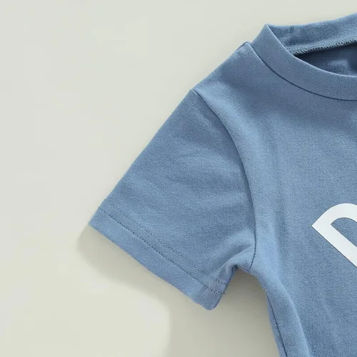 Miniatura 13 de Conjunto de traje de verano para bebé niño pequeño, manga corta, cuello redondo, letras impresas, lindo traje de verano, conjunto de 2 piezas