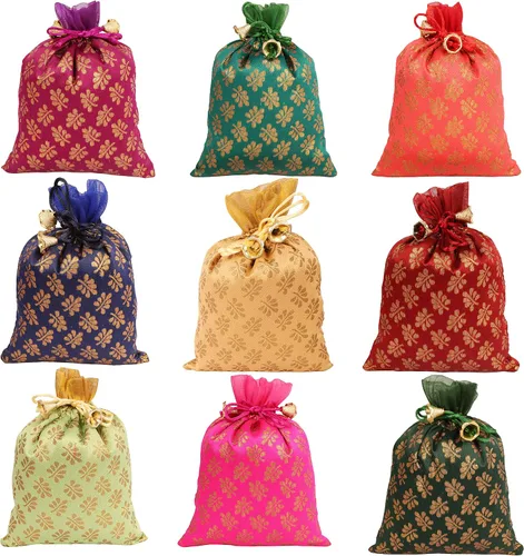 Miniatura 17 de Touchstone Bolsas de cordón tradicionales indias hechas a mano en tejido brocado con patrón de hojas de ficus. Perfecto para regalos, joyas, bodas