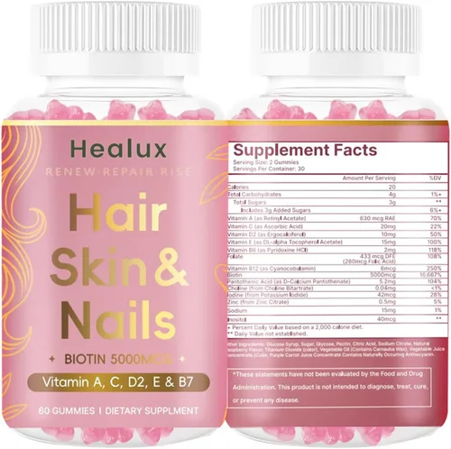 Miniatura 2 de Gomitas para el cabello, piel y uñas, 5000 mcg de biotina con vitaminas A, C, D2 y E, complejo B, zinc y yodo, vitaminas para el cabello, piel