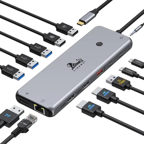 Miniatura 9 de LIONWEI Estación de acoplamiento para laptop 9 en 1, HDMI dual, 100 W PD, USB C 3.0, Ethernet, audio/micrófono, concentrador USB C para portátiles