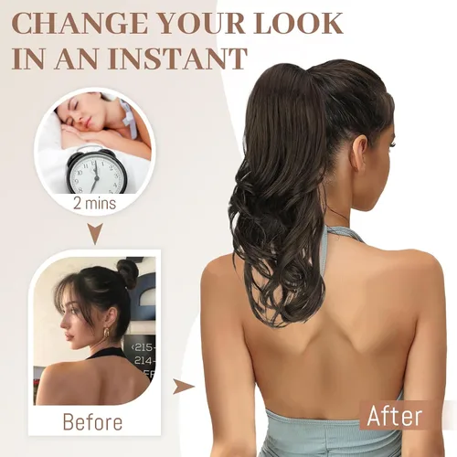 Miniatura 3 de KooKaStyle Extensiones de cola de caballo, 16 pulgadas, color marrón oscuro, largo, ondulado, con clip, extensiones de cabello sintético en capas