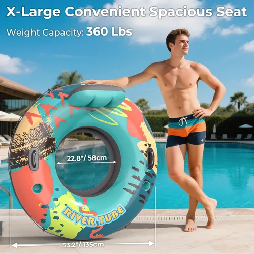 Miniatura 2 de Flotador de tubo de río resistente de 53 pulgadas para adultos, flotador inflable para piscina, lago y playa con portavasos incorporados, respaldo