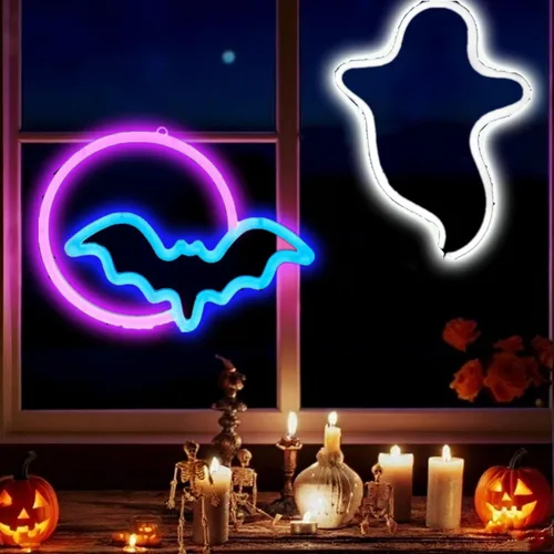 Miniatura 13 de Letreros de neón de murciélago para dormitorio, mesita de noche, decoración de pared, decoración de Halloween, luces LED de noche, adornos de mesa