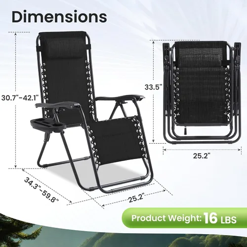 Miniatura 3 de Zero Gravity - Juego de 2 sillas reclinables plegables de gran tamaño, acolchadas antigravedad con almohada ajustable y portavasos para campamento