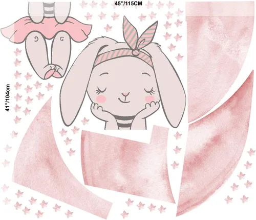 Miniatura 6 de Calcomanía de pared con diseño de conejo rosa, diseño de luna, estrellas pequeñas, para despegar y pegar, lindas calcomanías de conejito para niñas