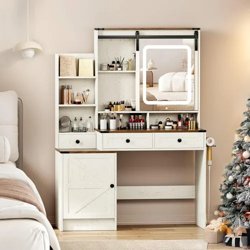 Miniatura 10 de KAMABOKO Escritorio de tocador con luz y espejo, mesa de maquillaje blanca con cajones y estación de carga, 3 modos ajustables para dormitorio y 042