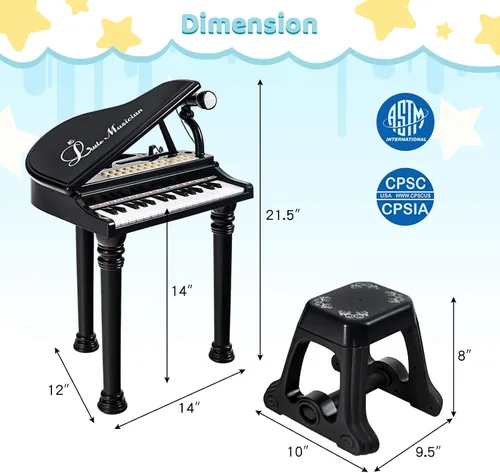 Miniatura 6 de Costzon Piano para niños, mini teclado de juguete de piano de cola de 31 teclas con micrófono, taburete y luces, piano electrónico portátil, juguete