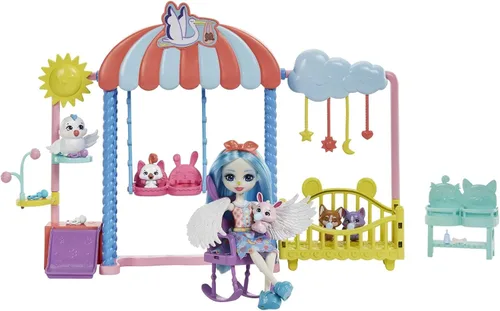 Miniatura 3 de Enchantimals Muñeca y accesorios, juego de la guardería, muñeca Starley Stork, gorila y 4 figuras de animales Baby Bestie, cuna y más, mejores