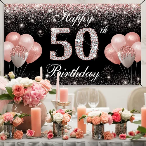 Miniatura 5 de Fondo de pancarta de cumpleaños 50, decoraciones de feliz cumpleaños 50 para mujer, oro rosa, fabuloso cumpleaños de 50 años, letrero de patio