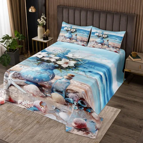Miniatura 30 de Erosebridal Juego de colcha náutica, juego de edredón de lancha de vela, faro, acuarela con temática oceánica, juego de ropa de cama de verano