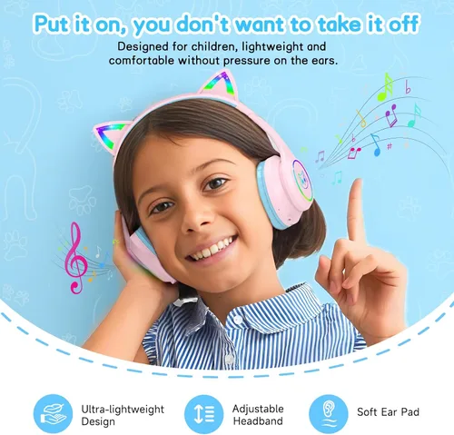 Miniatura 4 de LOBKIN Auriculares Bluetooth para Niños, Auriculares Inalámbricos Sobre la Oreja para Niños con Micrófono, 50H de Reproducción, Luces LED Coloridas