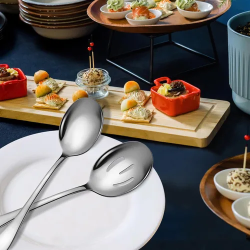 Miniatura 3 de Juego de 4 cucharas de servicio de acero inoxidable, 10 pulgadas, incluye 2 grandes, 2 ranuradas, para fiestas, cocina, bufé, catering, apto