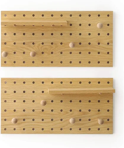 Miniatura 2 de Tablero de Clavijas de Madera Modular para Exhibición Organización Almacenamiento Ganchos de Pared Estante (Color: Roble)