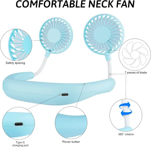 Miniatura 2 de Ventilador portátil para el cuello de mano libre, USB, cuelga del cuello, rotación libre de 360 grados, ventilador de refrigeración personal de Azul