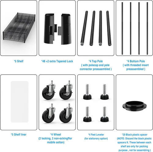 Miniatura 5 de Estantería de alambre de metal NSF de 5 niveles, capacidad de 6000 libras, estante de almacenamiento ajustable resistente con ruedas y Negro