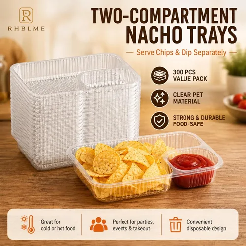Miniatura 5 de RHBLME Paquete de 300 bandejas grandes de plástico para nachos de 8 x 6 pulgadas, 2 compartimentos desechables, recipientes de plástico para nachos