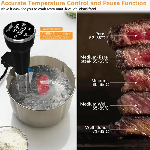 Miniatura 4 de CATTLEMAN Máquina Sous Vide Wi-Fi, 1000 W, IPX7 impermeable, cocina Sous Vide, circulador de inmersión, kit de cocina Suvee con 30 bolsas de vacío
