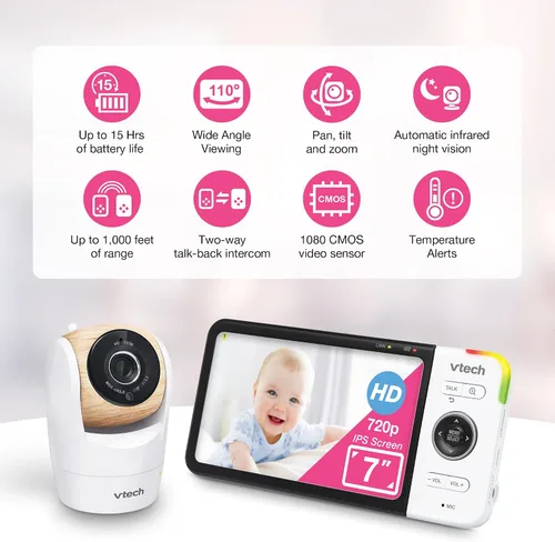 Miniatura 8 de VTech VM928-2HD - Monitor de bebé con pantalla HD de 720p de 5 pulgadas y 2 cámaras, vista de ángulo amplio de 110°, panorámica/inclinación/zoom