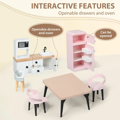 Miniatura 4 de Juego de muebles de madera para casa de muñecas Pithfor, accesorios y muebles para casa de muñecas, con 7 habitaciones, 3 muñecas, incluye juego