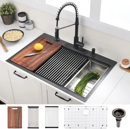 Miniatura 26 de Estación de trabajo de fregadero de cocina de 33 pulgadas - VOKIM 33 x 22 pulgadas, fregadero de cocina de montaje superior de 16 calibre, fregadero