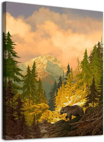 arteWOODS Lienzo decorativo para pared, diseño de oso grizzly para dormitorio, sala de estar, bosque, montaña rocosa, moderno, lienzo, impresiones